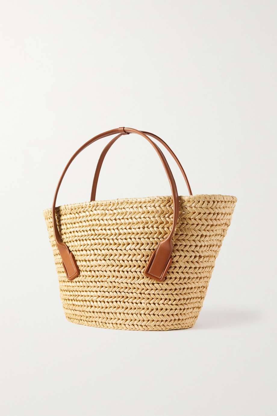 BOTTEGA VENETA Medium leather-trimmed raffia tote