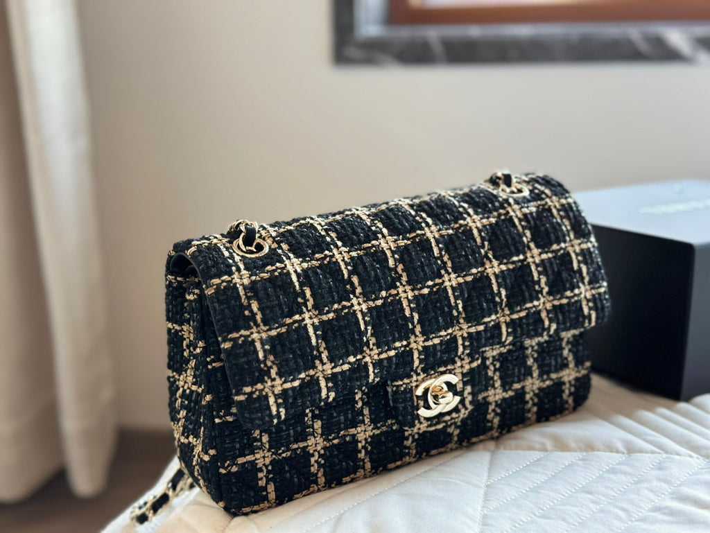 CHANEL Black and Beige Tweed 19 Flap Small Mixed Hardware 10.0 x 6.5 x 3.75 in