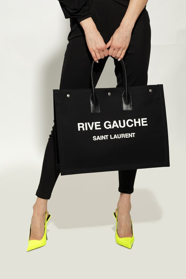 Saint Laurent Paris Rive Gauche Canvas Tote Bag Cotton NOIR ET BLANC 18.8 X 14.1 X 6.2 IN