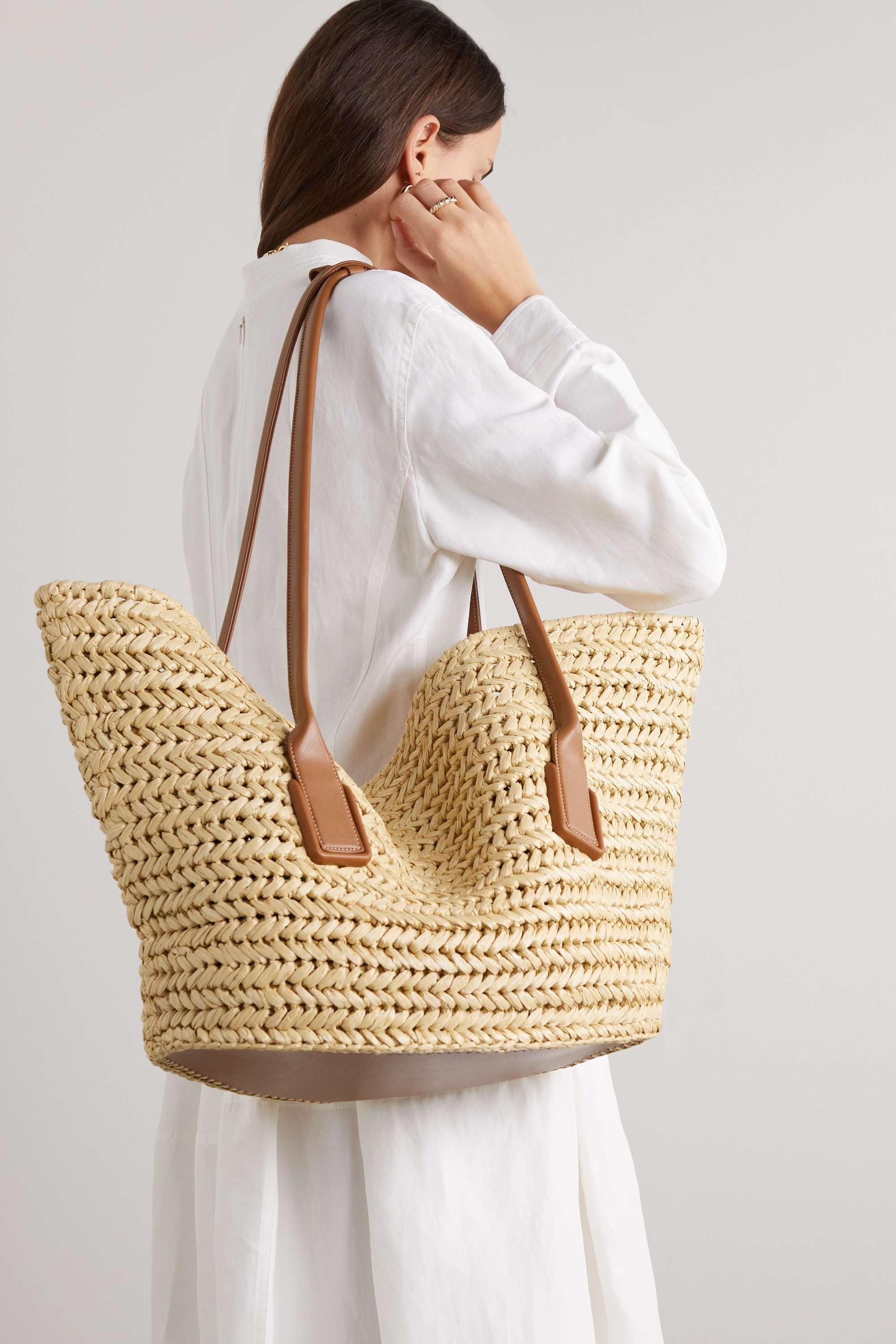 BOTTEGA VENETA Medium leather-trimmed raffia tote