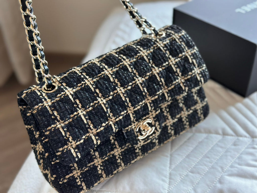 CHANEL Black and Beige Tweed 19 Flap Small Mixed Hardware 10.0 x 6.5 x 3.75 in