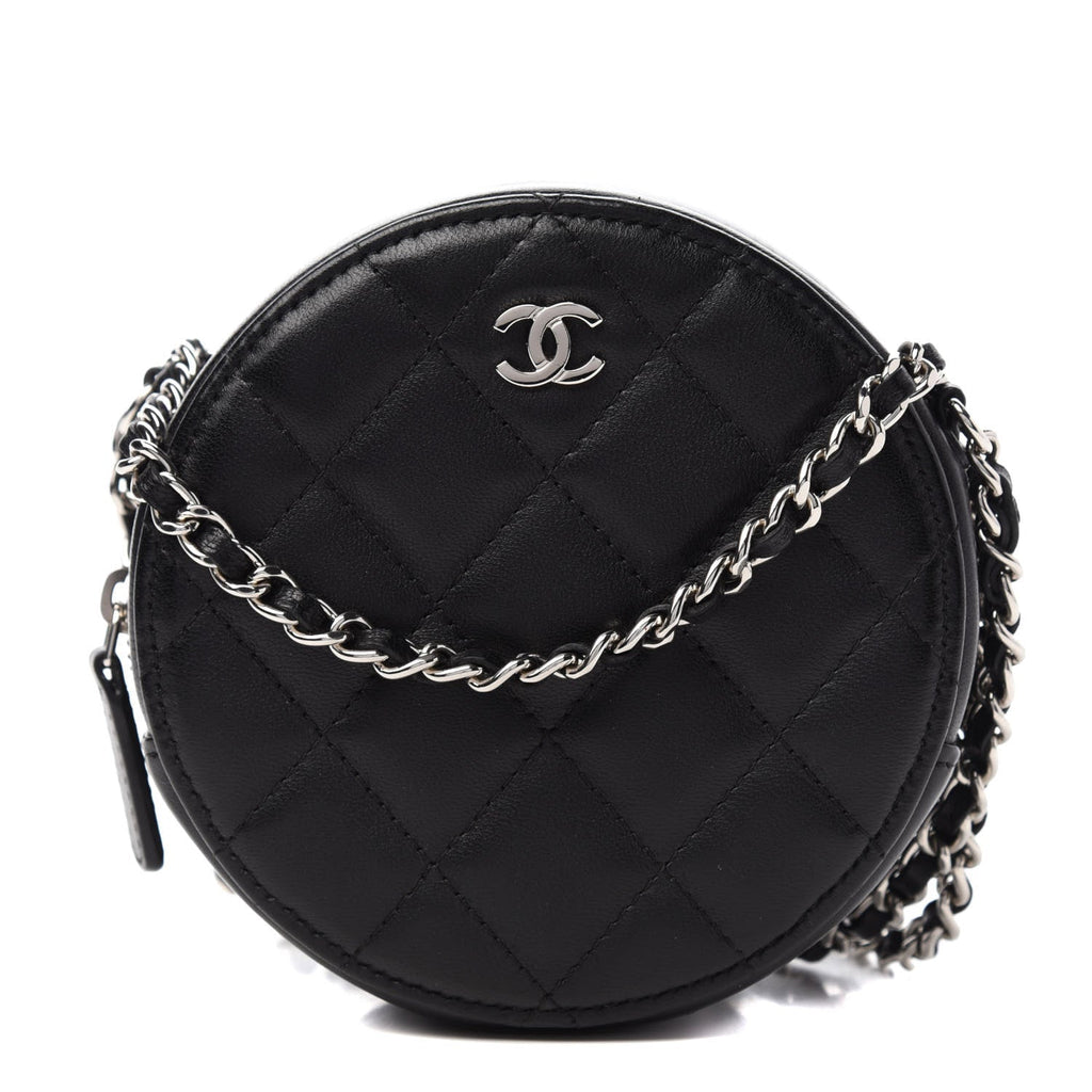 CHANEL Lambskin Quilted Round Clutch With Chain Black