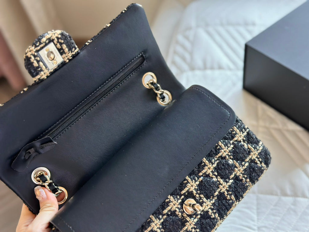 CHANEL Black and Beige Tweed 19 Flap Small Mixed Hardware 10.0 x 6.5 x 3.75 in