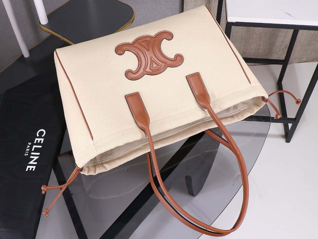 Celine Cabas Drawstring Cuir Triomphe In Textile And Calfskin Natural handbag